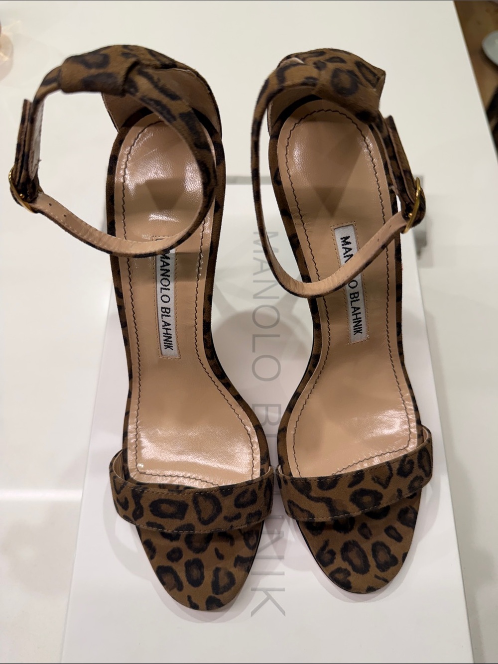 Manolo Blahnik NWT Chaos 105 Leopard Suede Ankle Strap Heels Size 37 - Picture 4 of 8